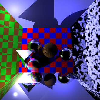 Image produced with ray tracing with anti-aliasing, 3D projection, reflection mapping and fractal textures. Some of these effects were tested during the production of The Works.