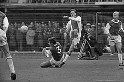Cruyff was instrumental in Ajax's dominance of European football in the early 1970s. He played for Ajax from 1957 to 1973 and 1981 to 1983 (seen here in 1967 against Feyenoord).
