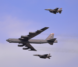 A U.S. Air Force B-52 Stratofortress conducted a low-level flight in the vicinity of Osan Air Base, South Korea.