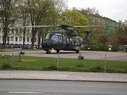 An NHI NH90 (NH205) helicopter of the Finnish Army on the helipad of the Turku Central Hospital during an exercise