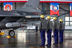 A view of an AGM-84 Harpoon air-to-surface anti-ship missile fixed under the wing of an F-16 of the Republic of China Air Force
