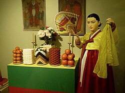 Diorama depicting a shrine table and a ritual practicioner