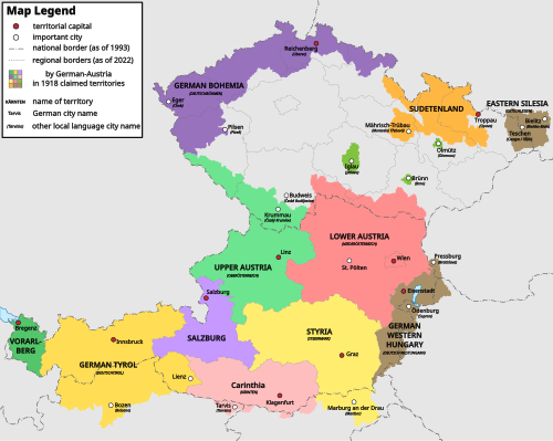German-speaking provinces claimed by German-Austria in 1918. The border of the subsequent Second Republic of Austria is outlined in red.