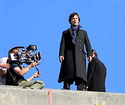 Filming an episode of BBC One's Sherlock (with Benedict Cumberbatch as Sherlock Holmes pictured) in July 2011