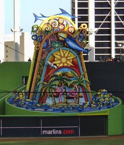 The Marlins' $2.5 million home run sculpture. The right half of its base also formed part of "The Bermuda Triangle" quirk in the outfield fence between 2012 and 2016