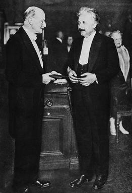 The inaugural award: Max Planck (left) presents Albert Einstein (right) with the Max Planck medal of the German Physical Society, 28 June 1929, in Berlin, Germany.