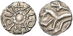 Silver coin of Aldfrith of Northumbria (686–705). OBVERSE: +AldFRIdUS, pellet-in-annulet; REVERSE: Lion with forked tail standing left