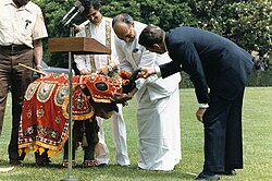 President J. R. Jayewardene gifting Jayathu, a baby elephant to US President Ronald Reagan in 1984