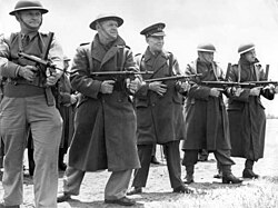 Five soldiers in a line, all in greatcoats except the closest and all wearing steel helmets except the one in the middle, who is wearing a peaked cap with oak leaves on the peak.