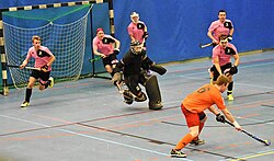 Indoor hockey match at Samppalinna Ball Game Hall in Turku, Finland, 2016
