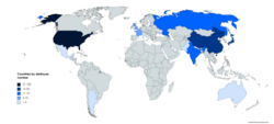 Countries by destroyer number (countries which operate destroyers in blue, specific colour code shown on image)
