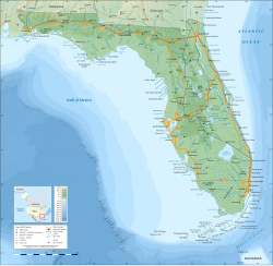 Florida is mostly low-lying and flat as this topographic map shows.
