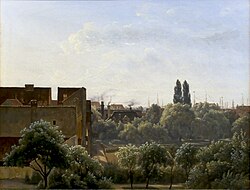 The Royal Mint and the Botanical Garden painted by Vilhelm Kyhn from a window in Charlottenborg in 1862