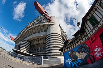 A street art mural outside Giuseppe Meazza stadium depicting a clash between Romelu Lukaku and Zlatan Ibrahimović in January 2021.