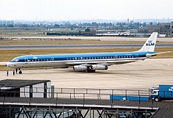 KLM Douglas DC-8-63 at London Heathrow Airport in 1982. The DC-8 was the mainstay of the KLM narrowbody jet fleet.