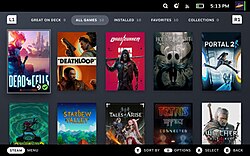 The library page for the Steam client used on the Steam Deck. The additional icons in the bottom right of the top left game image indicate the game is Steam Deck verified.