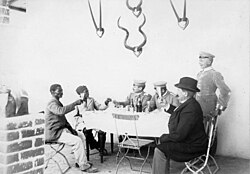 Hendrik Witbooi with the German governor Theodor Leutwein of South West Africa (toasting to each other), 1896