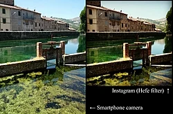 An original photograph (left) is automatically cropped to a square by Instagram, and has a filter added at the selection of the user (right).