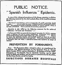 Advertisement in The Times, 28 June 1918 for Formamint tablets to prevent "Spanish influenza"