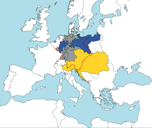 map of Europe, showing territory of predominantly German-speaking population, and Austria's multi-national, multi-linguistic territory