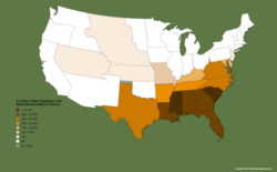 This map displays the percentage of each U.S. subdivision in 1860s' population that was enslaved.