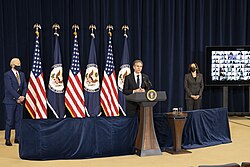 Secretary of State Antony Blinken delivers remarks with President Joe Biden and Vice President Kamala Harris at the State Department headquarters, February 2021