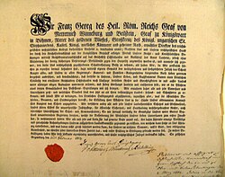 Deed granting the secularized abbey of Ochsenhausen to Count Georg Karl von Metternich
