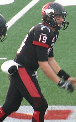 Bo Levi Mitchell wearing the Calgary Stampeders' black jersey in 2014.
