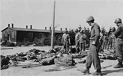 US soldiers view the corpses of prisoners which lie strewn along the road in the newly liberated Ohrdruf concentration camp.