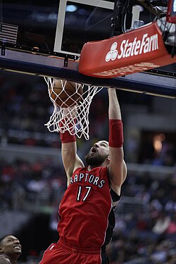 Jonas Valančiūnas with the Raptors in the first round of the 2015 playoffs against the Washington Wizards