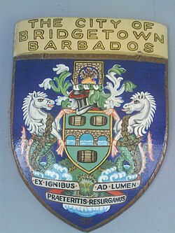 The coat of arms of city of Bridgetown in the capital and largest city of Barbados. The arms were granted to the city on 20 September 1960 by the College of Arms.