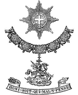 Top: A Garter "Star"; middle: A "Great George" (St George on horseback slaying the dragon) pendant from the Collar; bottom: the Garter