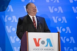 Then-Secretary of State Mike Pompeo speaks at VOA headquarters in January 2021.