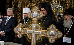 Inside the Saint Sophia Cathedral during the unification council. In order from left to right: Poroshenko, Epiphanius, Emmanuel and Filaret, 15 December 2018.