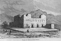 Drawing of Inca Templo del Sol (as seen in 1887) on the Isla del Sol, where the mummified body of Manco Cápac came to rest.