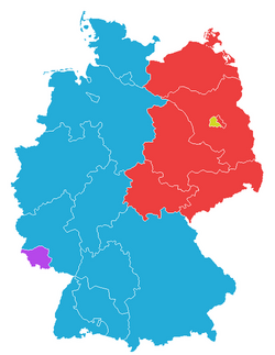 West Germany (blue) comprised the Western Allies' zones, excluding disputed Saarland (purple); the Soviet zone, East Germany (red) surrounded West Berlin (yellow).