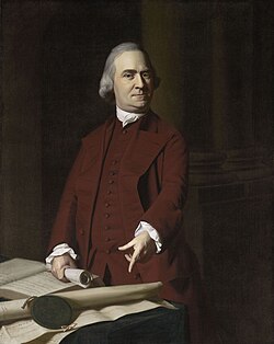 Samuel Adams points at the Massachusetts Charter, which he viewed as a constitution that protected the people's rights, in this c. 1772 portrait by John Singleton Copley.[69]