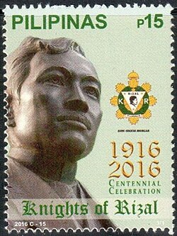 Centennial stamp celebrating the Knights of Rizal released by PhilPost with a profile of Jose Rizal and the badge of the Order visible.