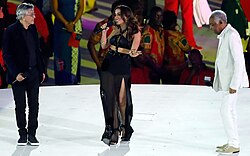 Anitta, (center) with singers Caetano Veloso (left) and Gilberto Gil (right) performing at the 2016 Summer Olympics opening ceremony