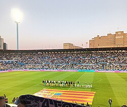 Flag of Aragón displayed before kick-off of the Aragoneses Derby in La Romareda, home of Real Zaragoza