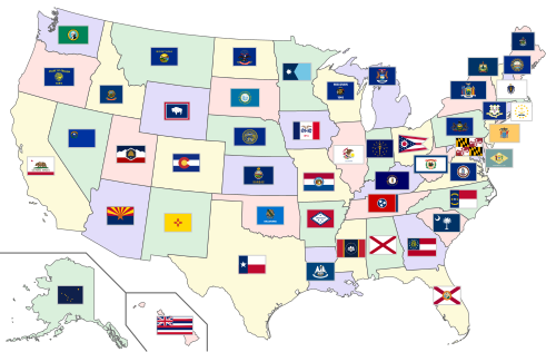 Map showing the flags of the 50 states of the United States