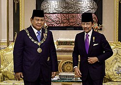 Hassanal Bolkiah with Indonesian President Prabowo Subianto at the Istana Nurul Iman in 2025