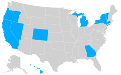 Map of Jewish senators as of 2025. Blue indicates there is currently at least one Jewish senator from that state. Gray indicates no Jewish senators from that state.