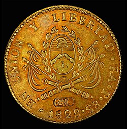 Coin from the United Provinces of the Río de la Plata issued in 1828, featuring the motto.