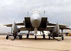Front view of an F-15C with conformal FAST PACK fuel tanks on trailers