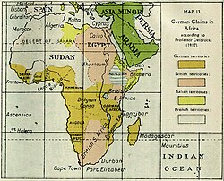 A map of the proposed Mittelafrika with German territory in brown, British in pink.