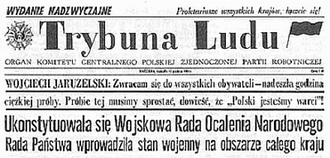 Announcement of martial law in Poland by Trybuna Ludu,14 December 1981