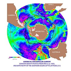 The Antarctic Circumpolar Current (ACC) is the strongest current system in the world oceans, linking the Atlantic, Indian and Pacific basins.