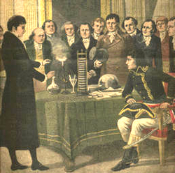 Italian physicist Alessandro Volta showing his "battery" to French emperor Napoleon Bonaparte in the early 19th century.
