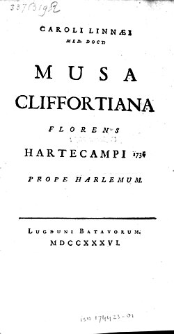 Title page of Musa Cliffortiana (1736), Linnaeus's first botanical monograph